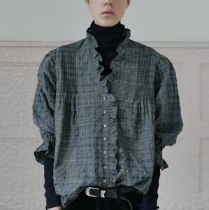 Viaplain Victoria Frill Check Blouse In Blue